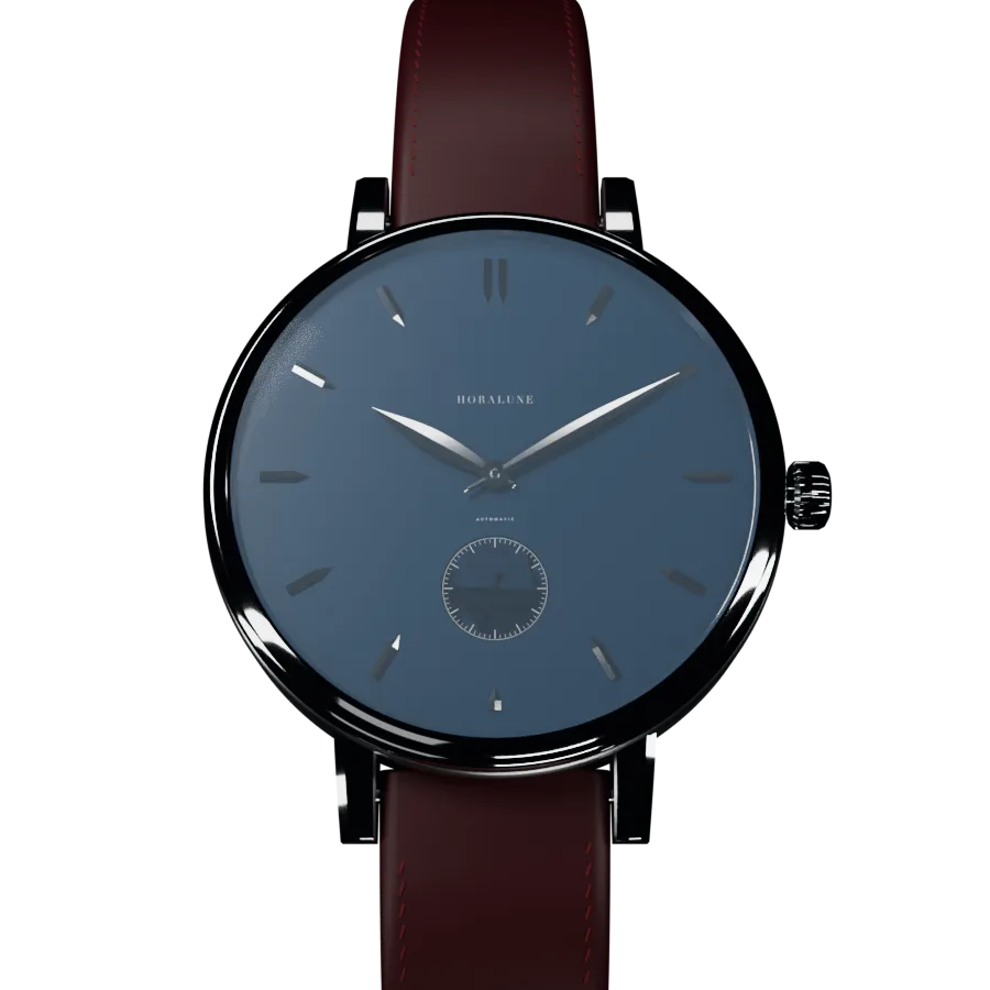 A steel dress watch with a midnight-blue dial and oxblood strap, rendered by the Horalune configurator